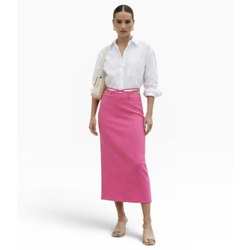 NWT Zara Hot Pink Cutout Belted Midi Pencil Skirt Back Slit Women’s Size M NEW
